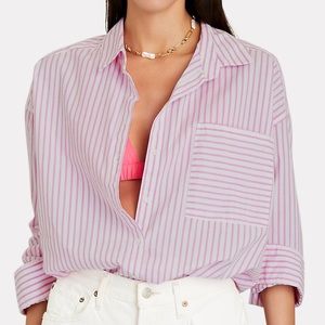 XIRENA Jodi Oversized Collared button-down Striped Cotton Shirt In Pink SZ L